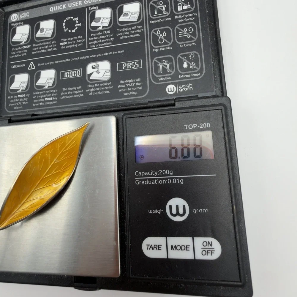 DAVID ANDERSON Sterling Silver Norwegian Enamel Leaf Brooch Yellow